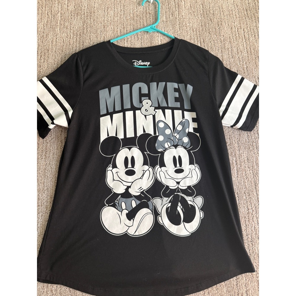 Disney Mickey and Minnie Mouse Graphic T-Shirt Black Varsity Stripe Large 11/13
